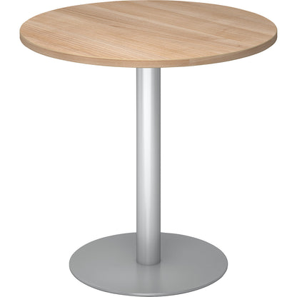 Conference table, Ø 800 mm, 755 mm high, silver frame, tabletop in walnut finish.
