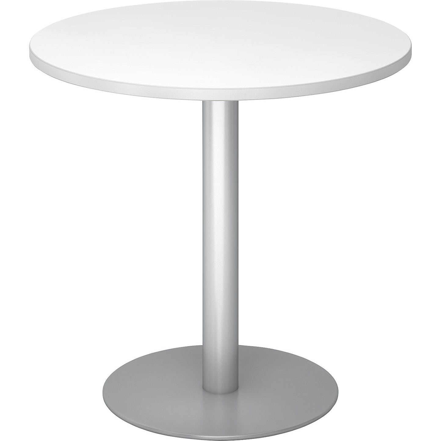 Conference table, Ø 800 mm, 755 mm high, silver frame, tabletop in white.