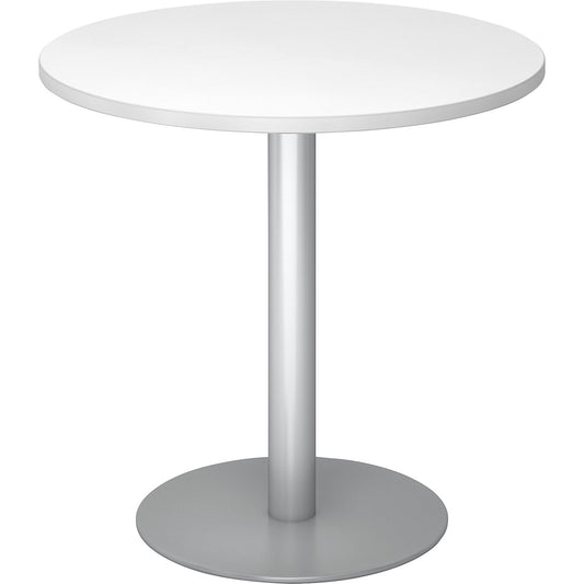 Conference table, Ø 800 mm, 755 mm high, silver frame, tabletop in white.