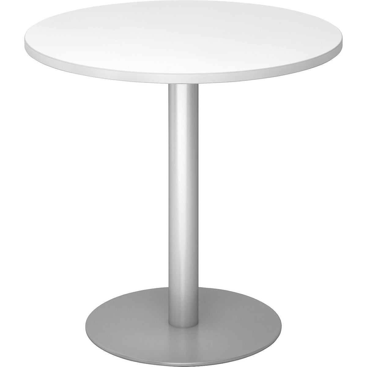 Conference table, Ø 800 mm, 755 mm high, silver frame, tabletop in white.