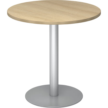 Conference table, Ø 800 mm, 755 mm high, silver frame, tabletop in oak finish.