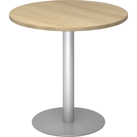 Conference table, Ø 800 mm, 755 mm high, silver frame, tabletop in oak finish.