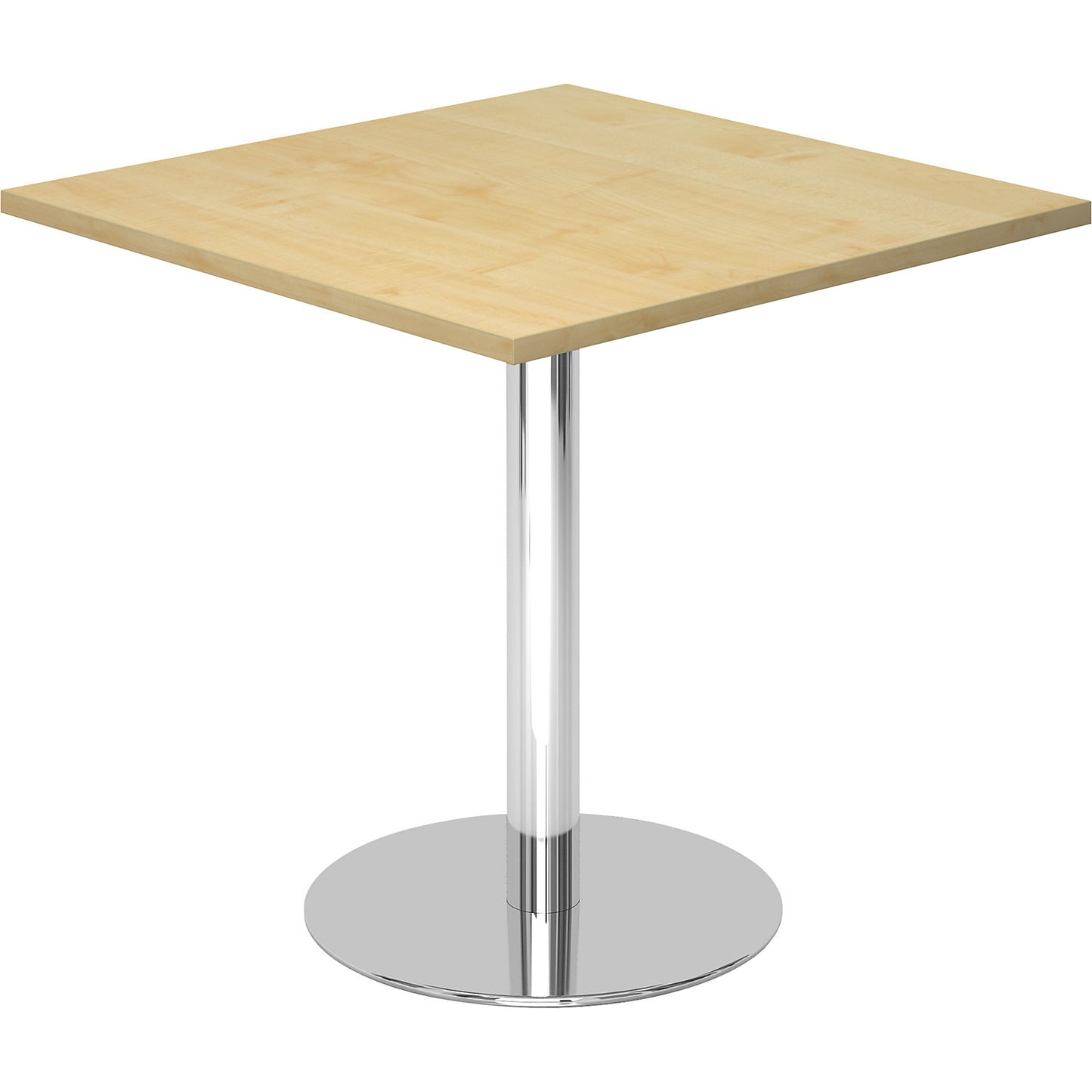 Conference table, LxW 800 x 800 mm, 755 mm high, chrome plated frame, tabletop in maple finish.