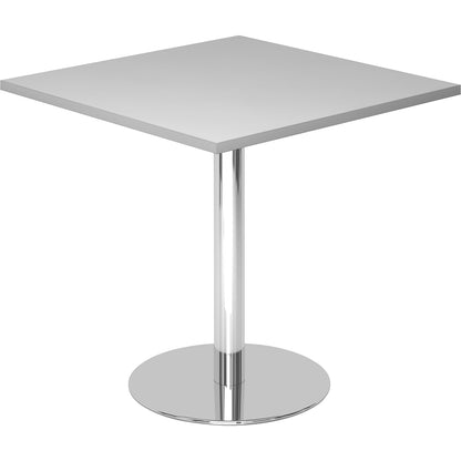 Conference table, LxW 800 x 800 mm, 755 mm high, chrome plated frame, tabletop in light grey.