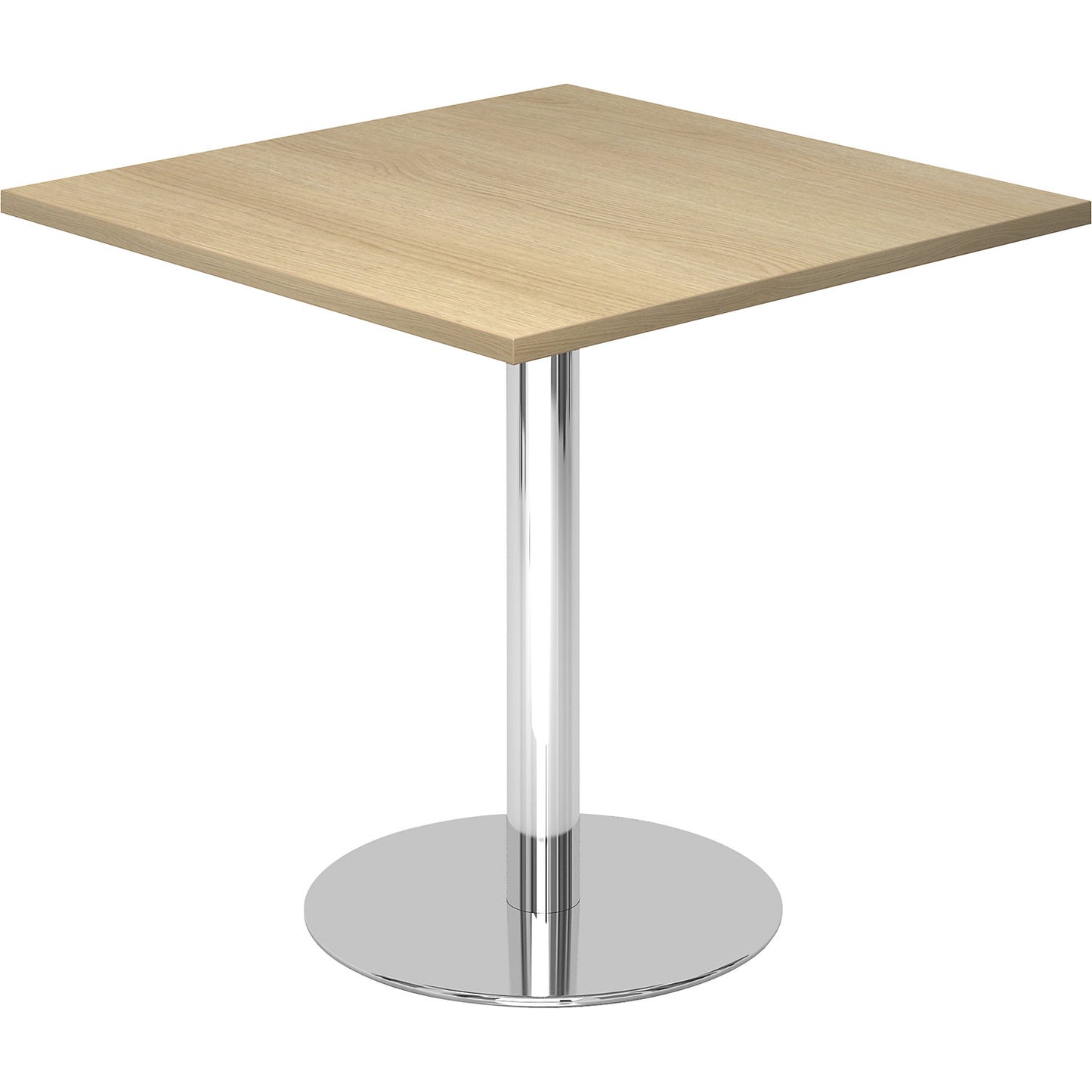 Conference table, LxW 800 x 800 mm, 755 mm high, chrome plated frame, tabletop in oak finish.