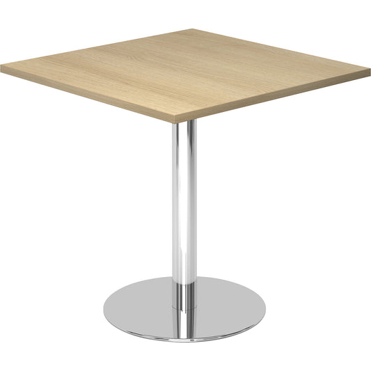 Conference table, LxW 800 x 800 mm, 755 mm high, chrome plated frame, tabletop in oak finish.