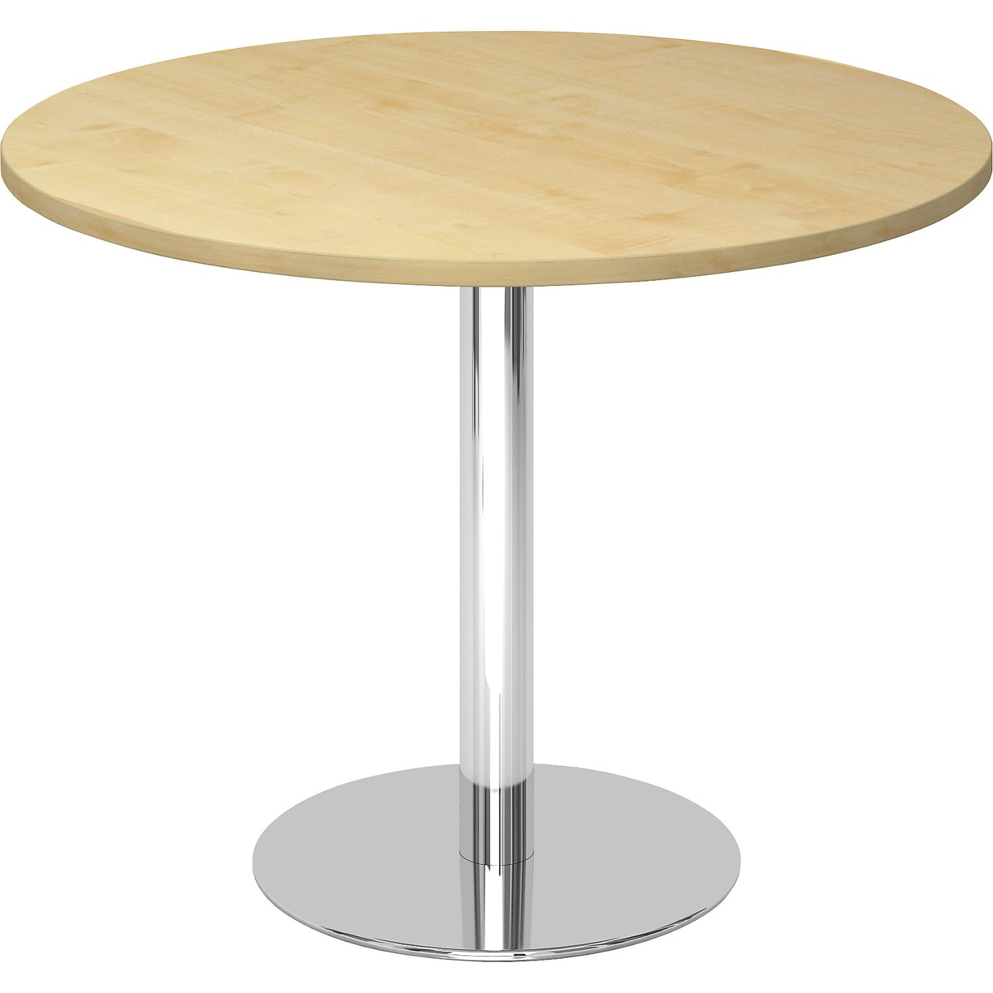 Conference table, Ø 1000 mm, 755 mm high, chrome plated frame, tabletop in maple finish.