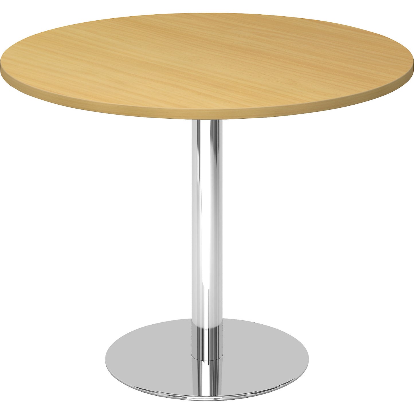 Conference table, Ø 1000 mm, 755 mm high, chrome plated frame, tabletop in beech finish.