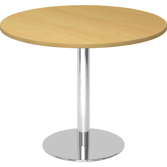 Conference table, Ø 1000 mm, 755 mm high, chrome plated frame, tabletop in beech finish.