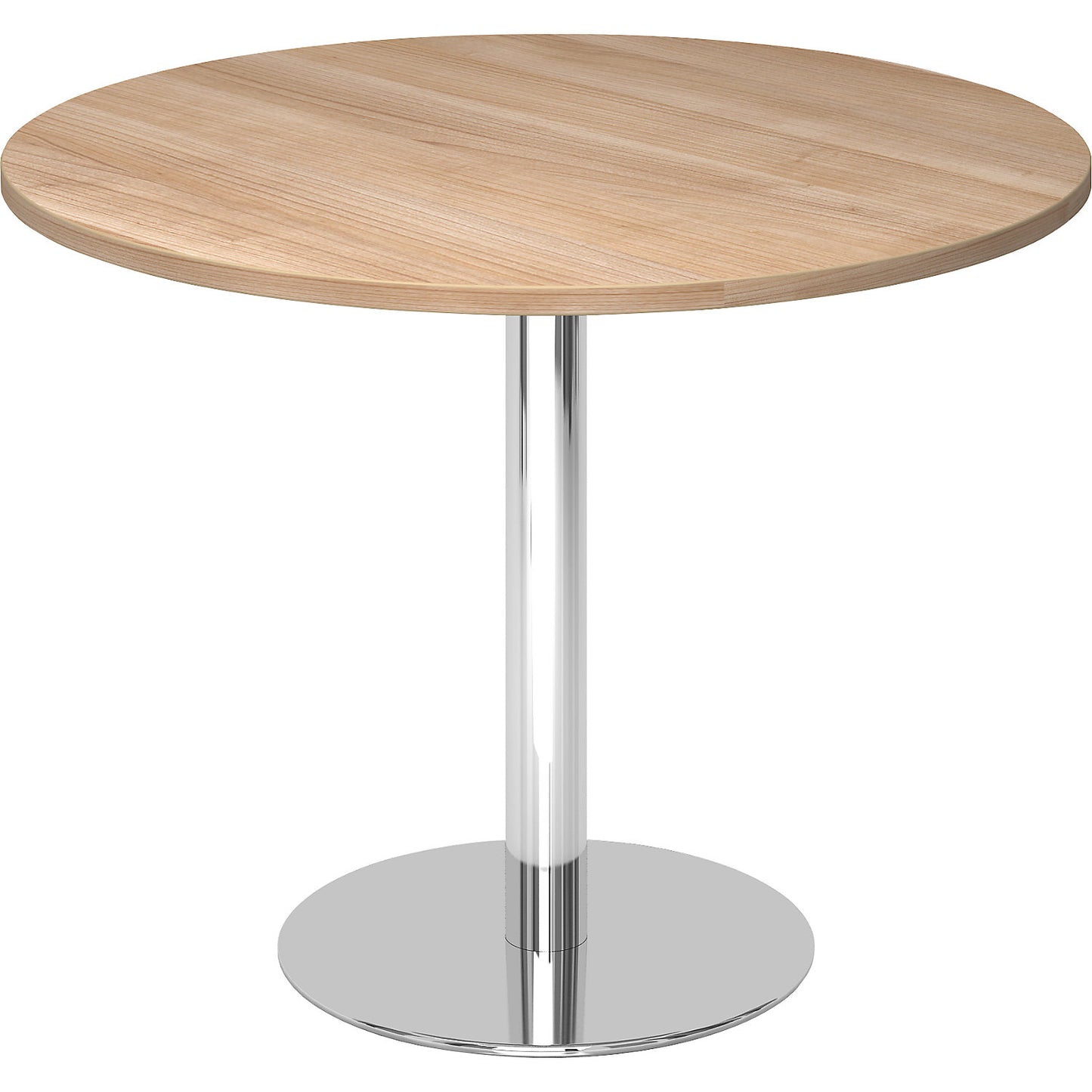 Conference table, Ø 1000 mm, 755 mm high, chrome plated frame, tabletop in walnut finish.
