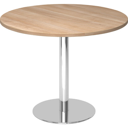 Conference table, Ø 1000 mm, 755 mm high, chrome plated frame, tabletop in walnut finish.