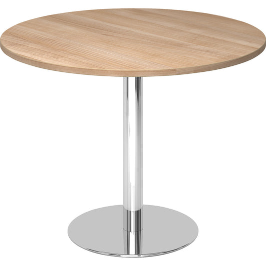 Conference table, Ø 1000 mm, 755 mm high, chrome plated frame, tabletop in walnut finish.
