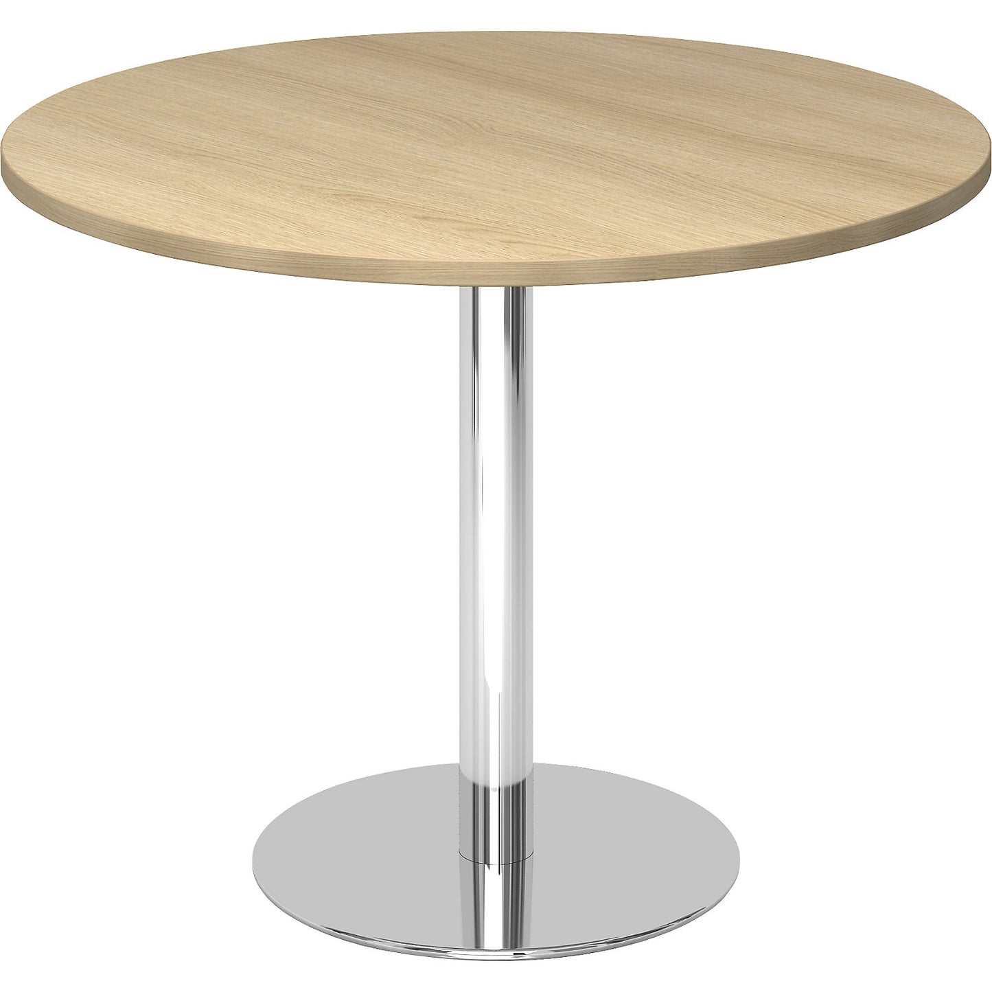 Conference table, Ø 1000 mm, 755 mm high, chrome plated frame, tabletop in oak finish.