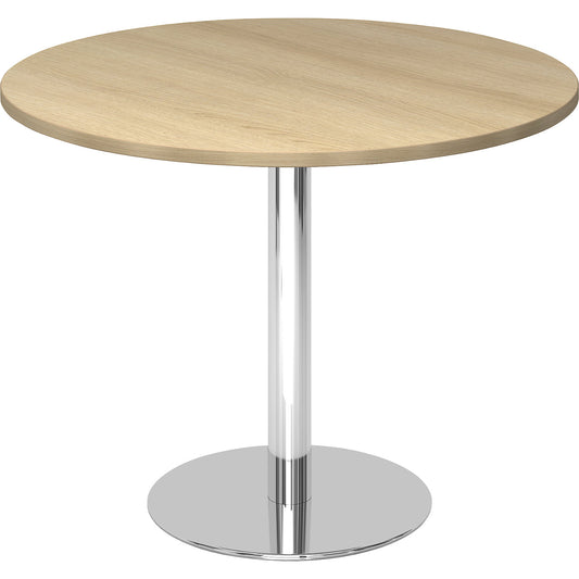 Conference table, Ø 1000 mm, 755 mm high, chrome plated frame, tabletop in oak finish.