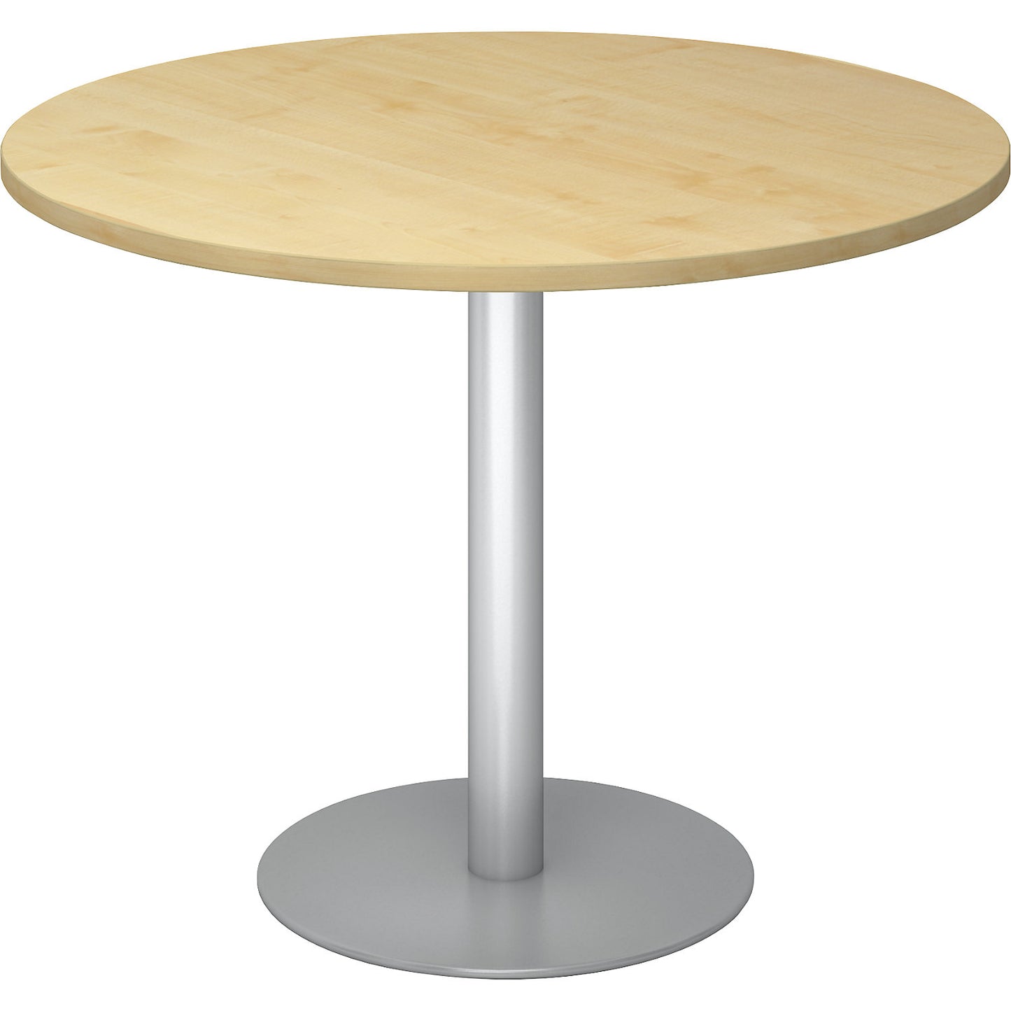 Conference table, Ø 1000 mm, 755 mm high, silver frame, tabletop in maple finish.