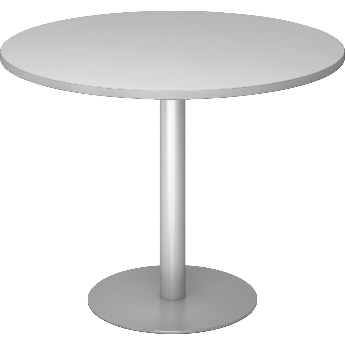 Conference table, Ø 1000 mm, 755 mm high, silver frame, tabletop in light grey.