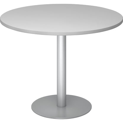 Conference table, Ø 1000 mm, 755 mm high, silver frame, tabletop in light grey.