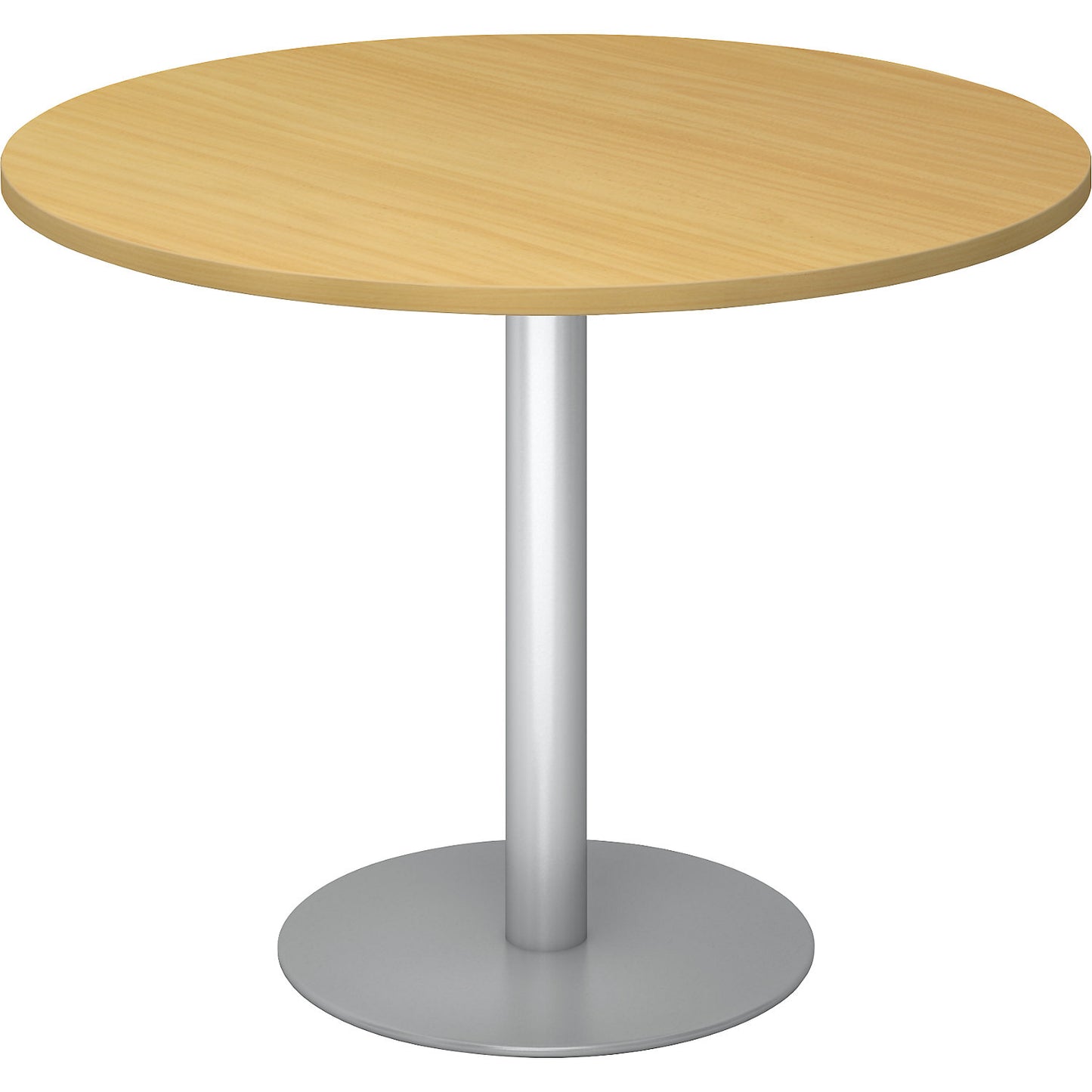 Conference table, Ø 1000 mm, 755 mm high, silver frame, tabletop in beech finish.
