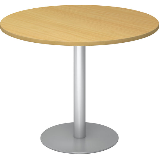 Conference table, Ø 1000 mm, 755 mm high, silver frame, tabletop in beech finish.