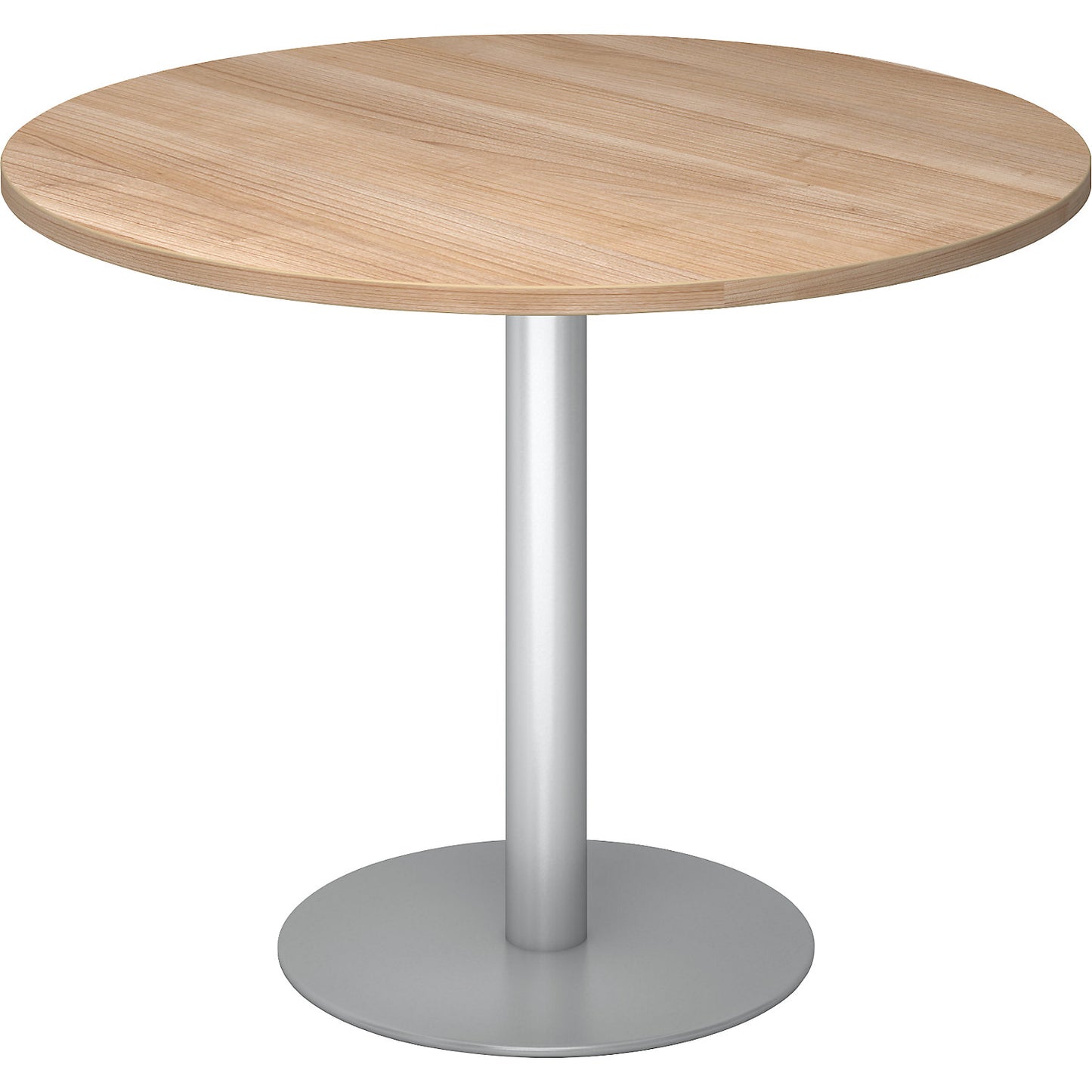 Conference table, Ø 1000 mm, 755 mm high, silver frame, tabletop in walnut finish.