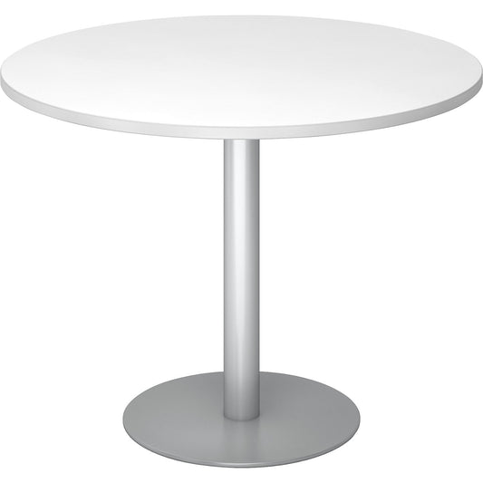 Conference table, Ø 1000 mm, 755 mm high, silver frame, tabletop in white.