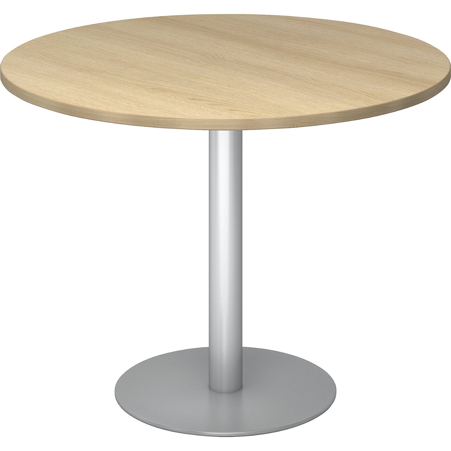 Conference table, Ø 1000 mm, 755 mm high, silver frame, tabletop in oak finish.