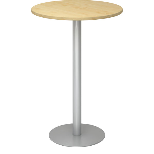 Pedestal table, Ø 800 mm, 1116 mm high, silver frame, tabletop in maple finish.