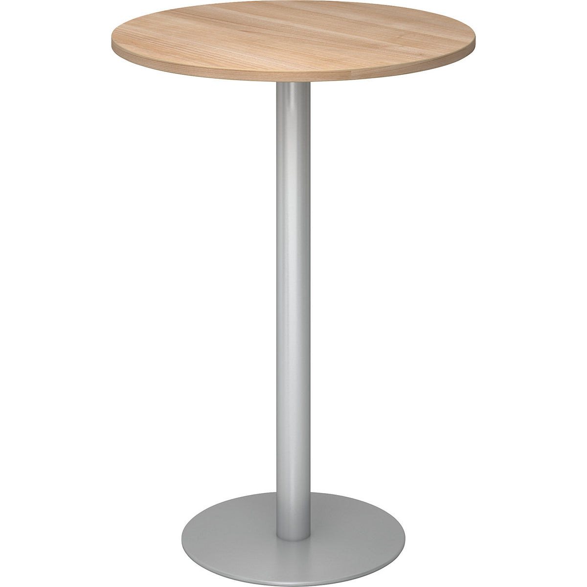 Pedestal table, Ø 800 mm, 1116 mm high, silver frame, tabletop in walnut finish.
