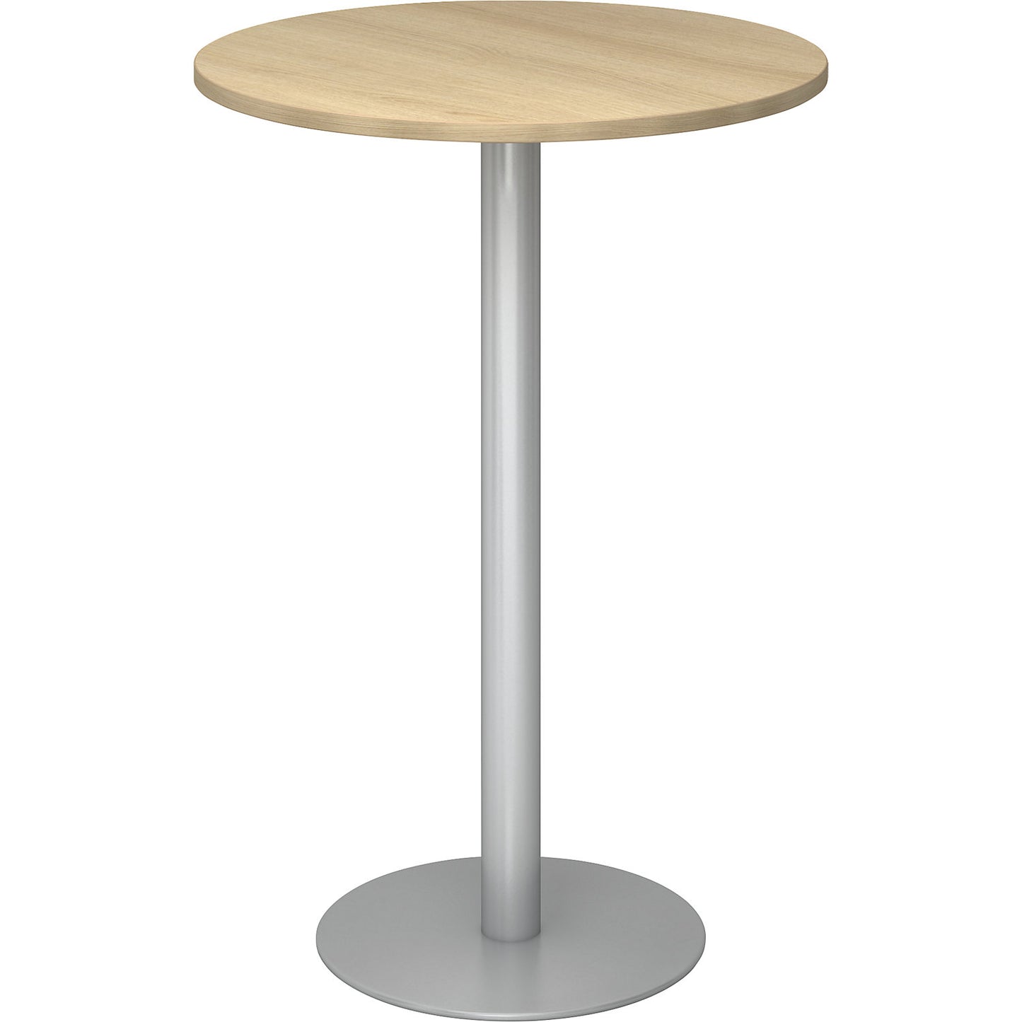 Pedestal table, Ø 800 mm, 1116 mm high, silver frame, tabletop in oak finish.