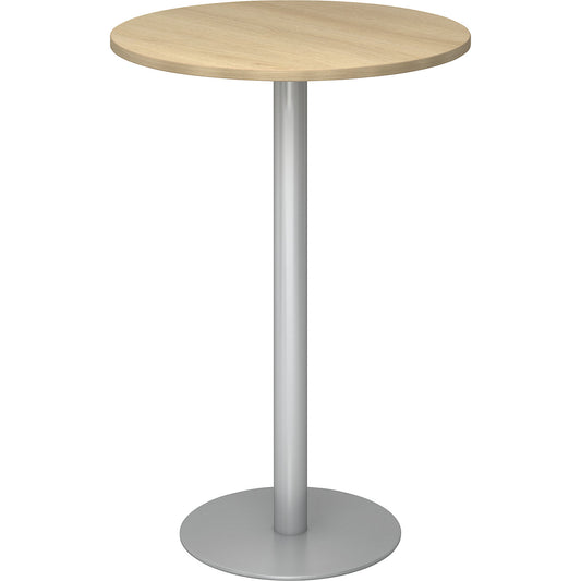 Pedestal table, Ø 800 mm, 1116 mm high, silver frame, tabletop in oak finish.