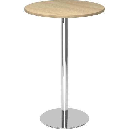 Pedestal table, Ø 800 mm, 1116 mm high, chrome plated frame, tabletop in oak finish.