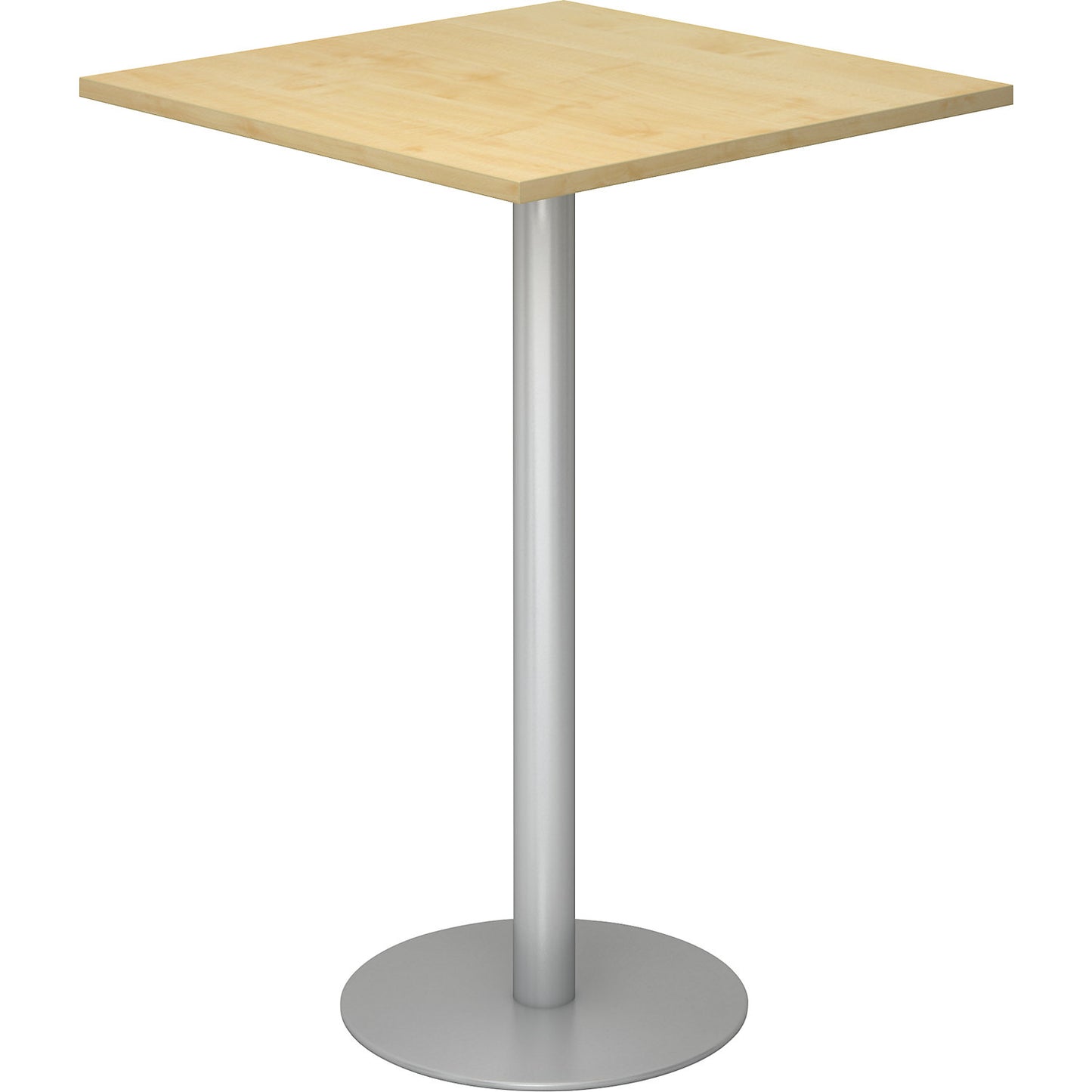 Pedestal table, LxW 800 x 800 mm, 1116 mm high, silver frame, tabletop in maple finish.
