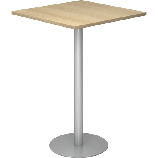 Pedestal table, LxW 800 x 800 mm, 1116 mm high, silver frame, tabletop in oak finish.