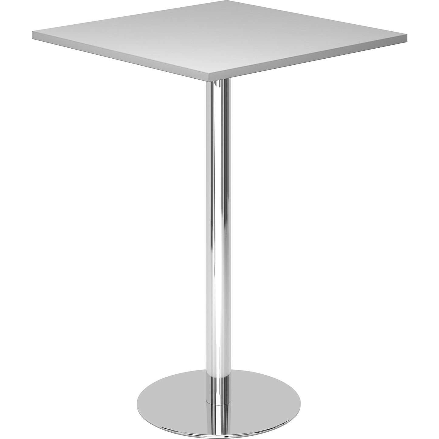 Pedestal table, LxW 800 x 800 mm, 1116 mm high, chrome plated frame, tabletop in light grey.