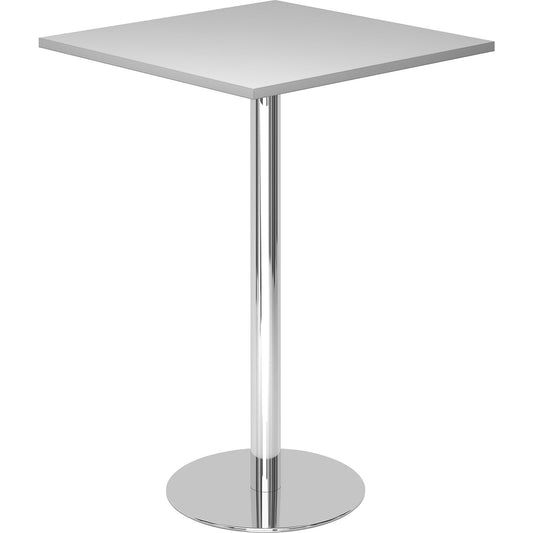 Pedestal table, LxW 800 x 800 mm, 1116 mm high, chrome plated frame, tabletop in light grey.