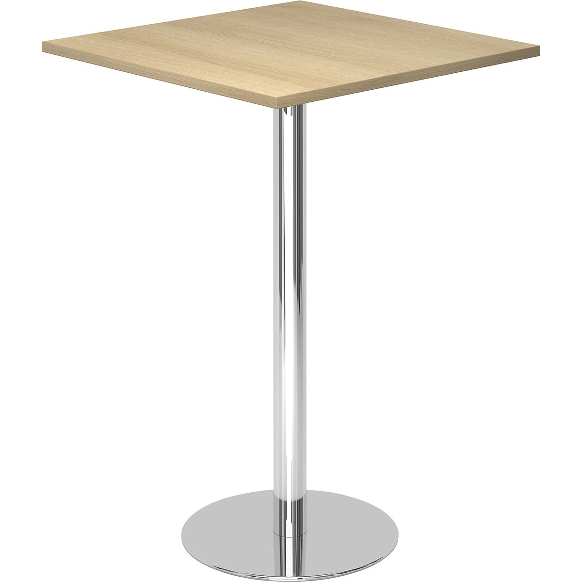 Pedestal table, LxW 800 x 800 mm, 1116 mm high, chrome plated frame, tabletop in oak finish.