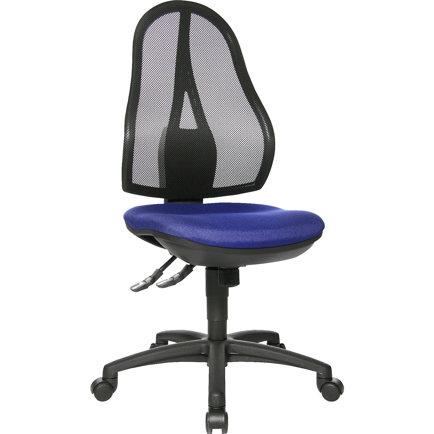 OPEN POINT SY office swivel chair, without armrests, mesh back rest in black, royal blue covering.
