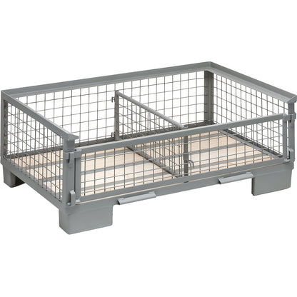 Mesh pallet, low profile, 1 long side with full drop gate, 1+ items.