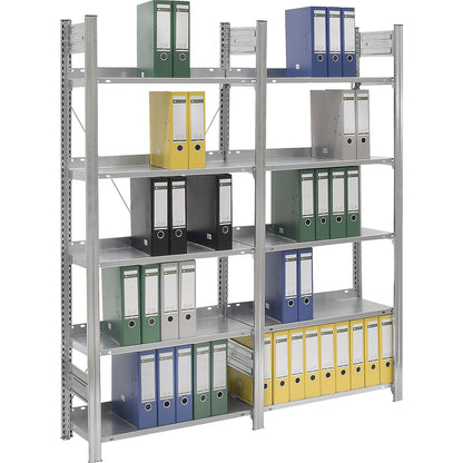 Boltless filing shelf unit, zinc plated, shelf height 1750 mm, single sided, extension shelf unit, WxD 750 x 300 mm.