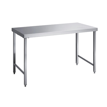 Stainless steel work table, working height 850 mm, WxD 1400 x 700 mm, without shelf.