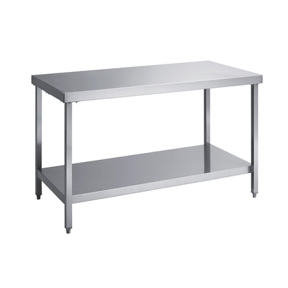 Stainless steel work table, working height 850 mm, WxD 1400 x 700 mm, with shelf.