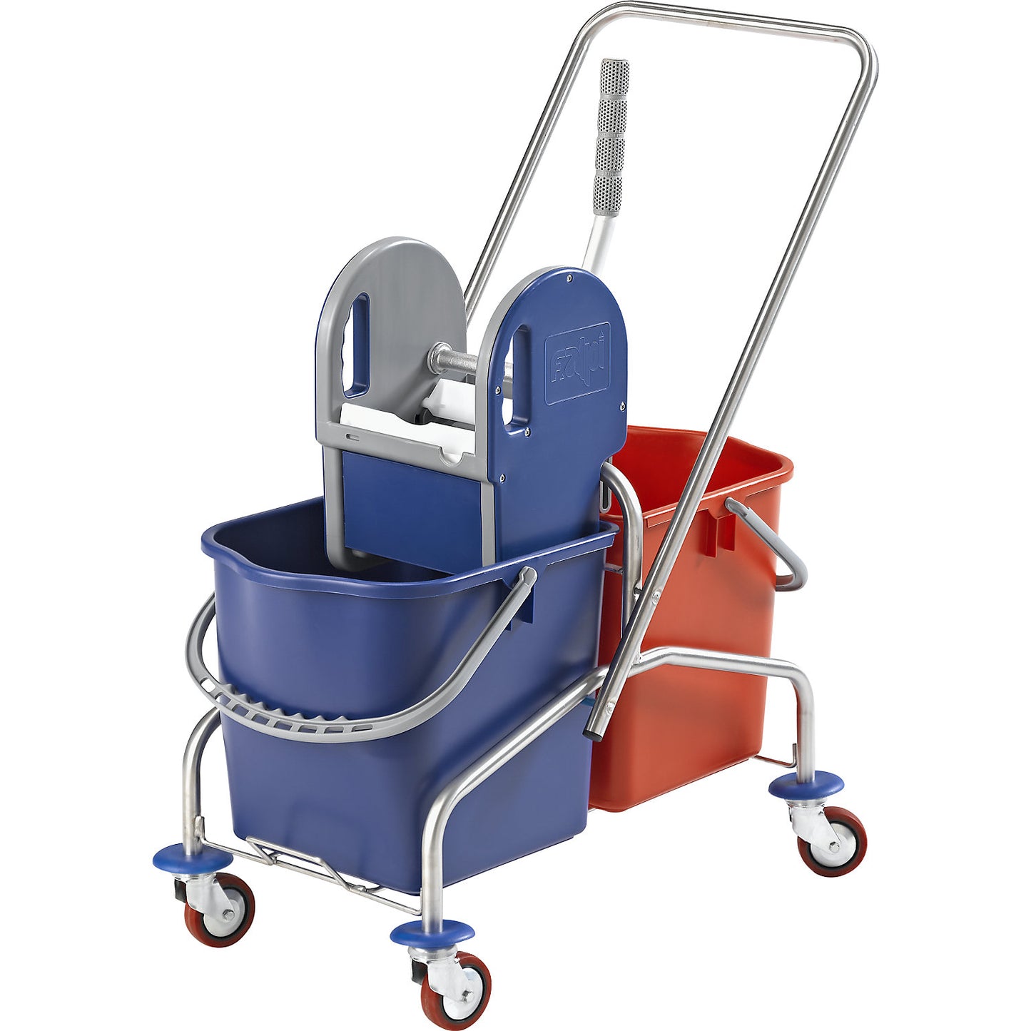 Stainless steel cleaning trolley, double mobile buckets 2 x 25 l, metal castors.