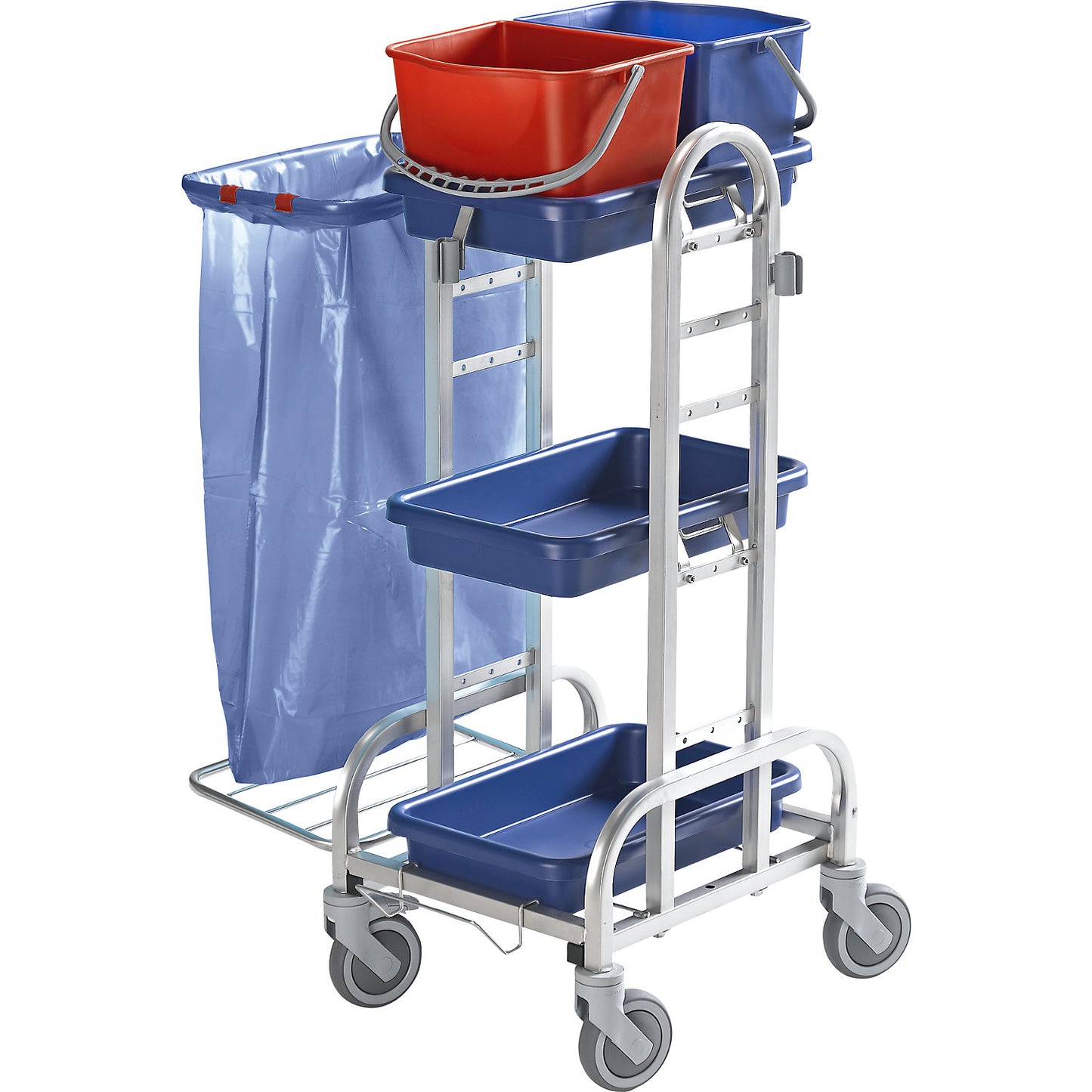 Stainless steel cleaning trolley, with 2 x 10 l buckets, plastic castors.