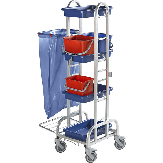 Stainless steel cleaning trolley, with 2 x 10 l buckets, 1 x 6 l bucket, plastic castors.