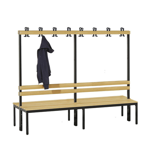 Changing room bench with back rest, double sided, beech wood slats, length 2000 mm.