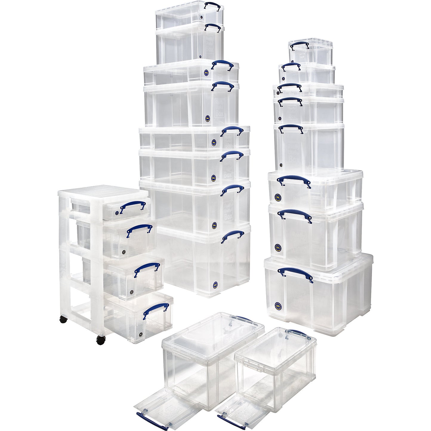 REALLY USEFUL stacking container, with lid and front flap, capacity 8 l, LxWxH 340 x 200 x 175 mm, pack of 4.