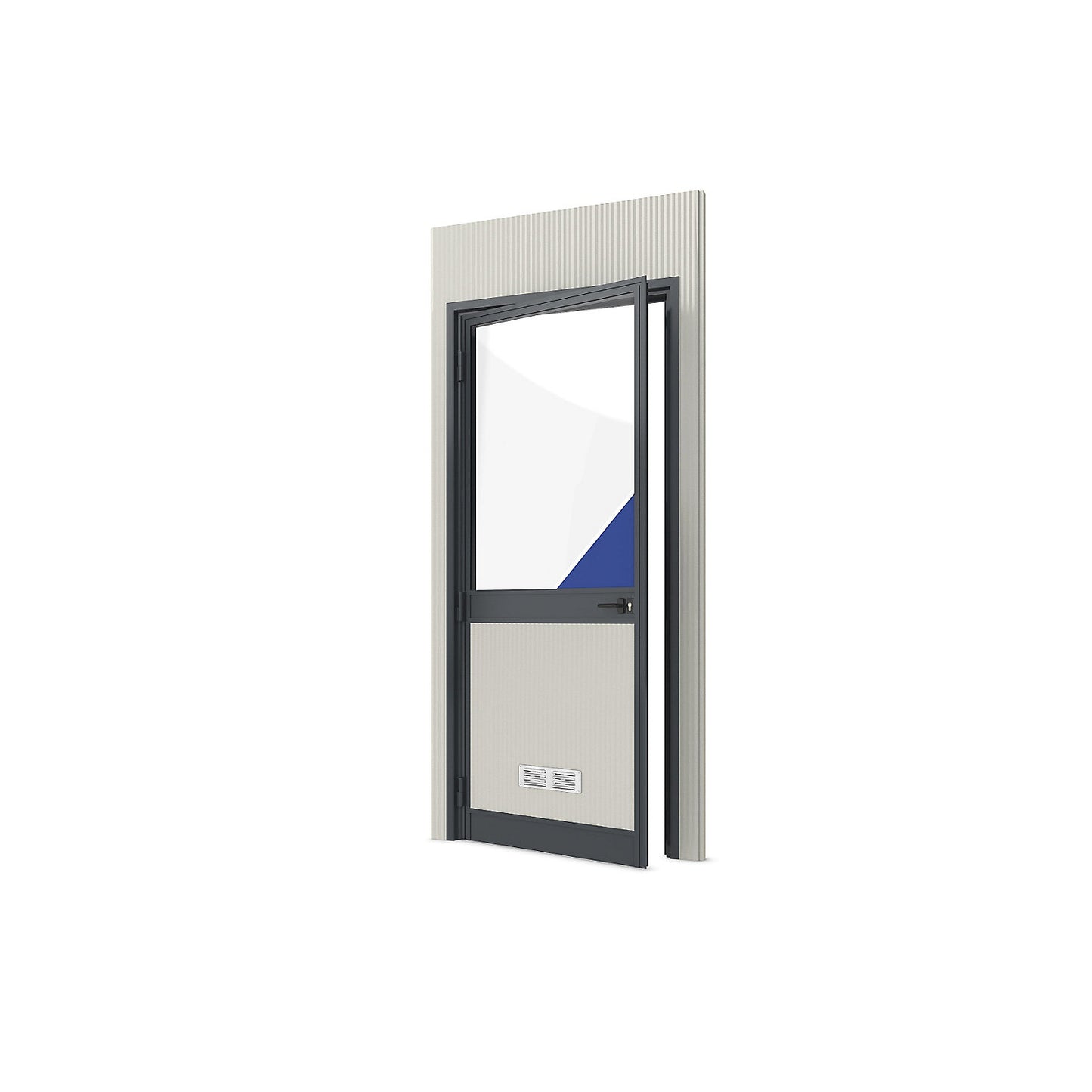 Prefab office, external WxH 1150 x 2600 mm, panel with door at left and glass section.