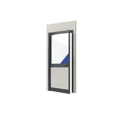 Prefab office, external WxH 1150 x 2600 mm, panel with door at left and glass section.