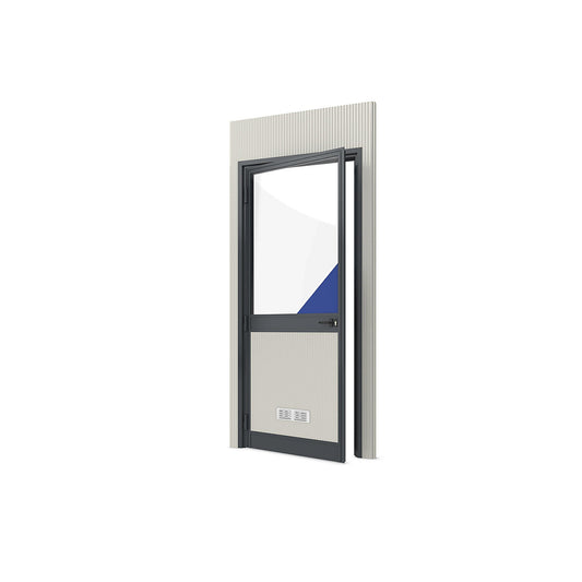 Prefab office, external WxH 1150 x 2600 mm, panel with door at left and glass section.