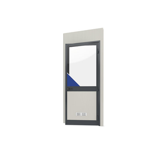 Prefab office, external WxH 1150 x 2600 mm, panel with door at right and glass section.